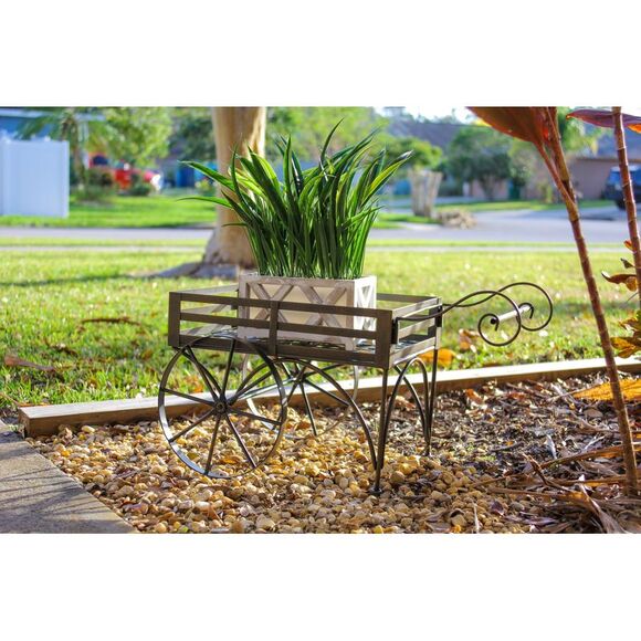 26 Inch Rustic Metal Wagon Cart Plant Stand Flower Holder Patio Art Garden Decor - Picture 8 of 11